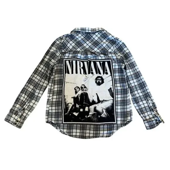 NIRVANA Kurt Cobain Upcycled Retro Vintage 90s Grunge Rock Plaid Flannel Size M - Picture 7 of 12